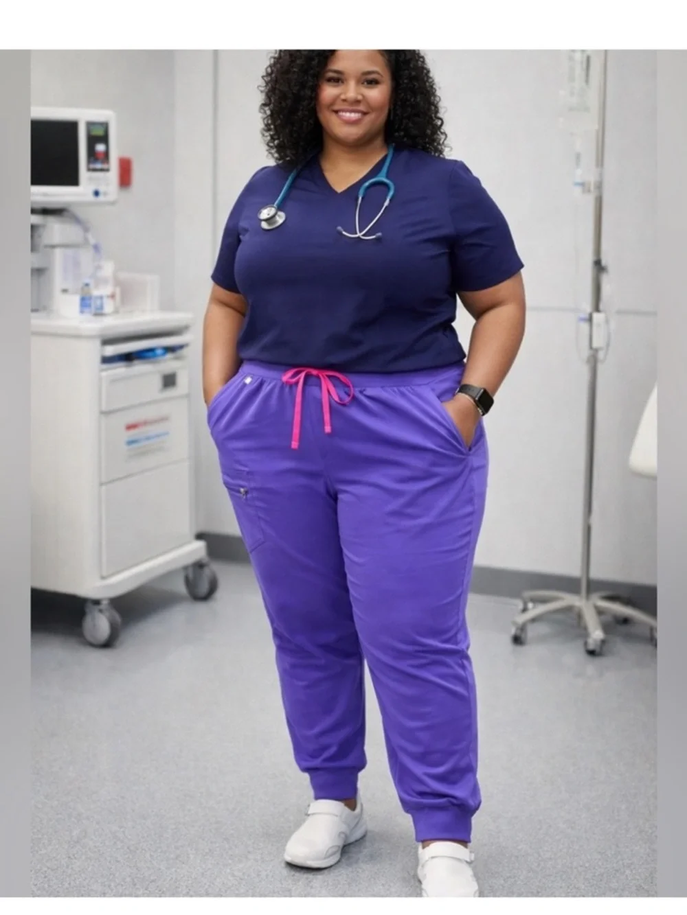 Figs High-Waisted Zamora Yoga Scrub Pants in Purple with Pink Accents 4XLP